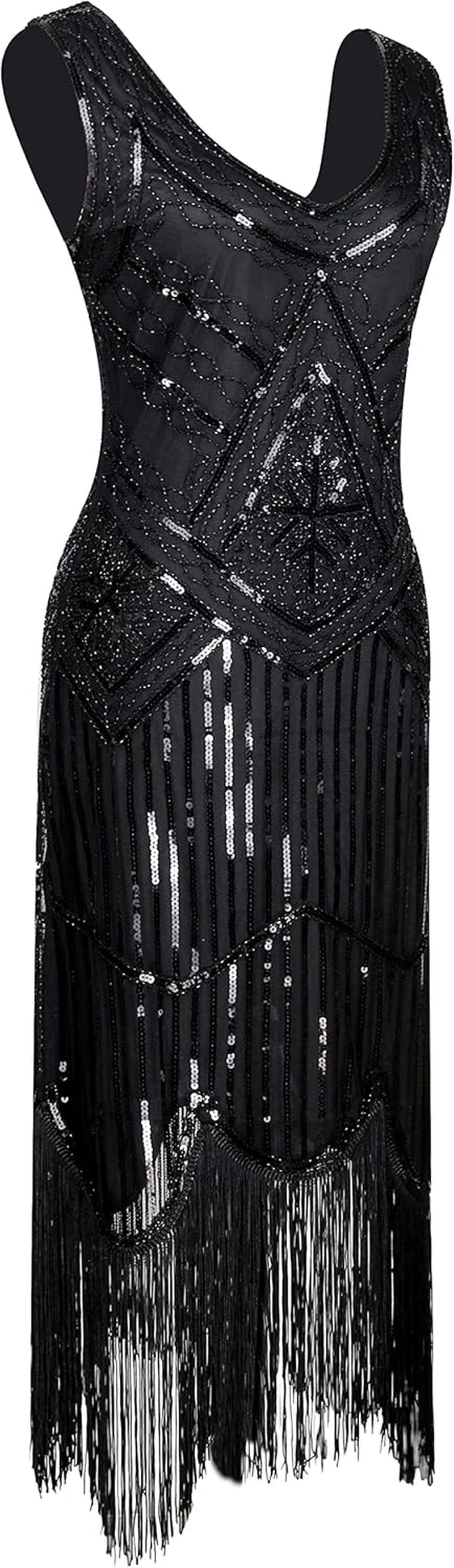 Stunning 20S Flapper Gatsby Sequin Beaded Evening Cocktail Dress with Accessory Set - Perfect for Any Occasion!