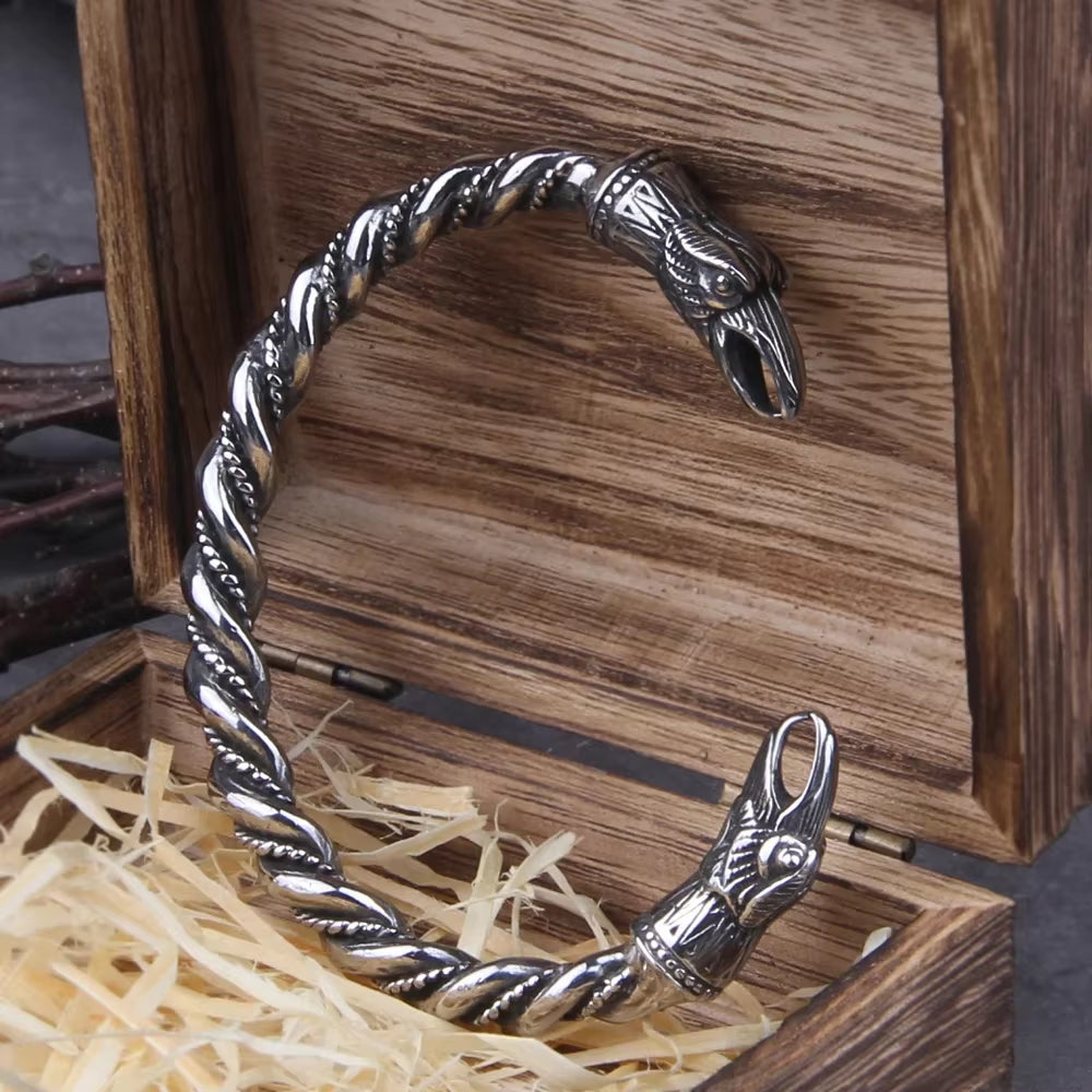 Stainless Steel Norse Raven Bracelet for Men with Viking Wooden Gift Box
