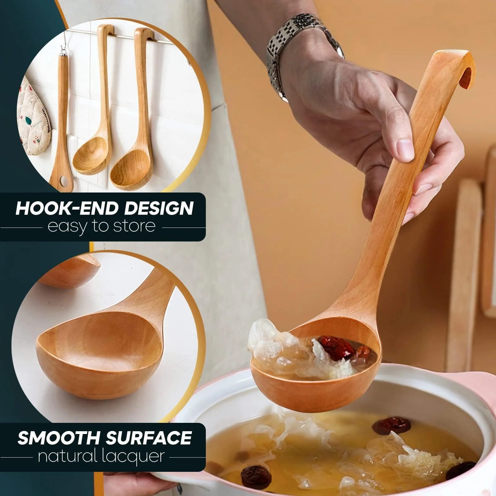 Eco-Friendly Bamboo Soup Ladle – Elegant Olive Wood Serving Spoon with Long Handle – Durable Natural Kitchen Essential