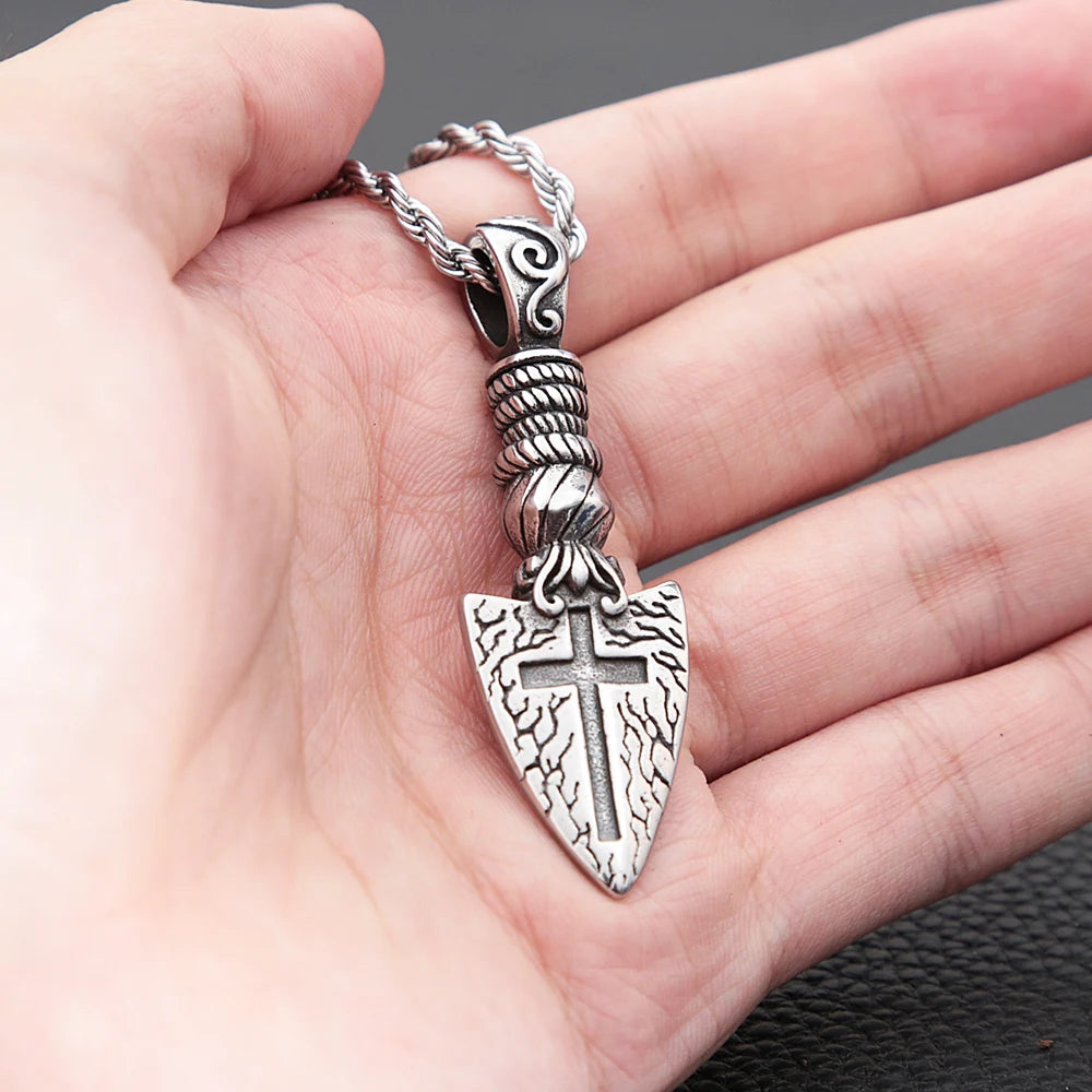 Men's Vintage Punk Viking Spear Pendant Necklace in Stainless Steel with Cross Arrow Design