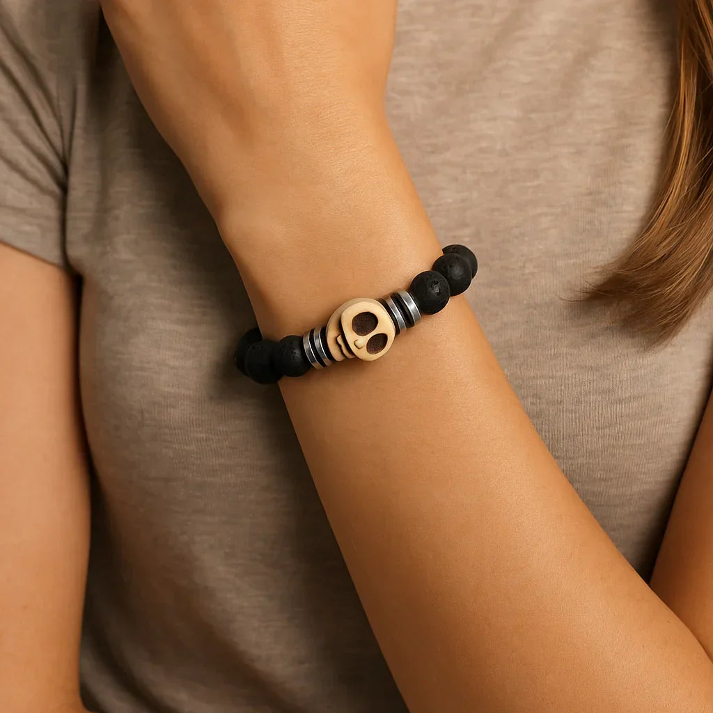Stunning Natural Black Lava & White Skull Stone Bead Bracelet - Unique Fashion Statement!