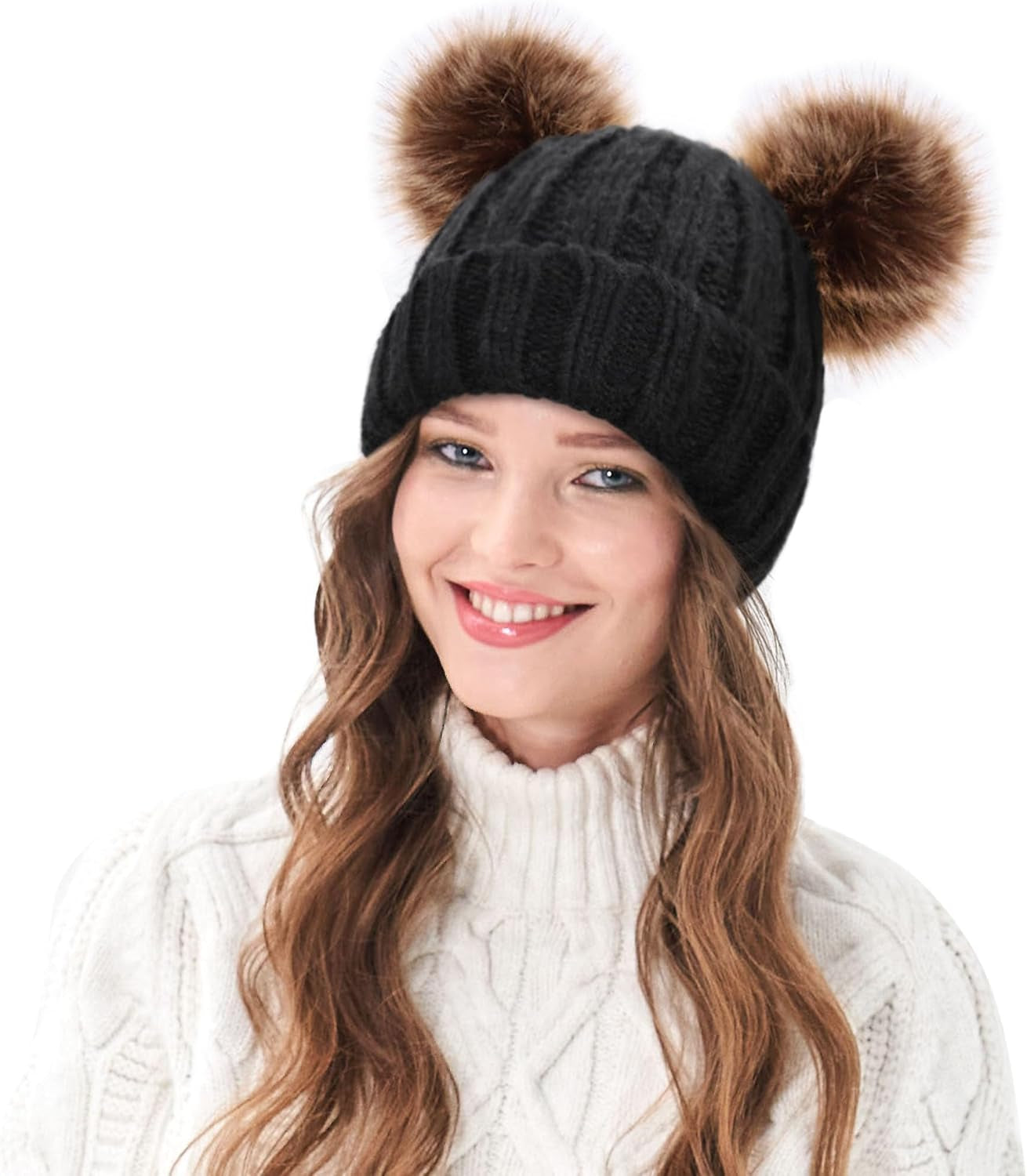 Cozy Women's Cable Knit Winter Beanie with Faux Fur Pompom Ears