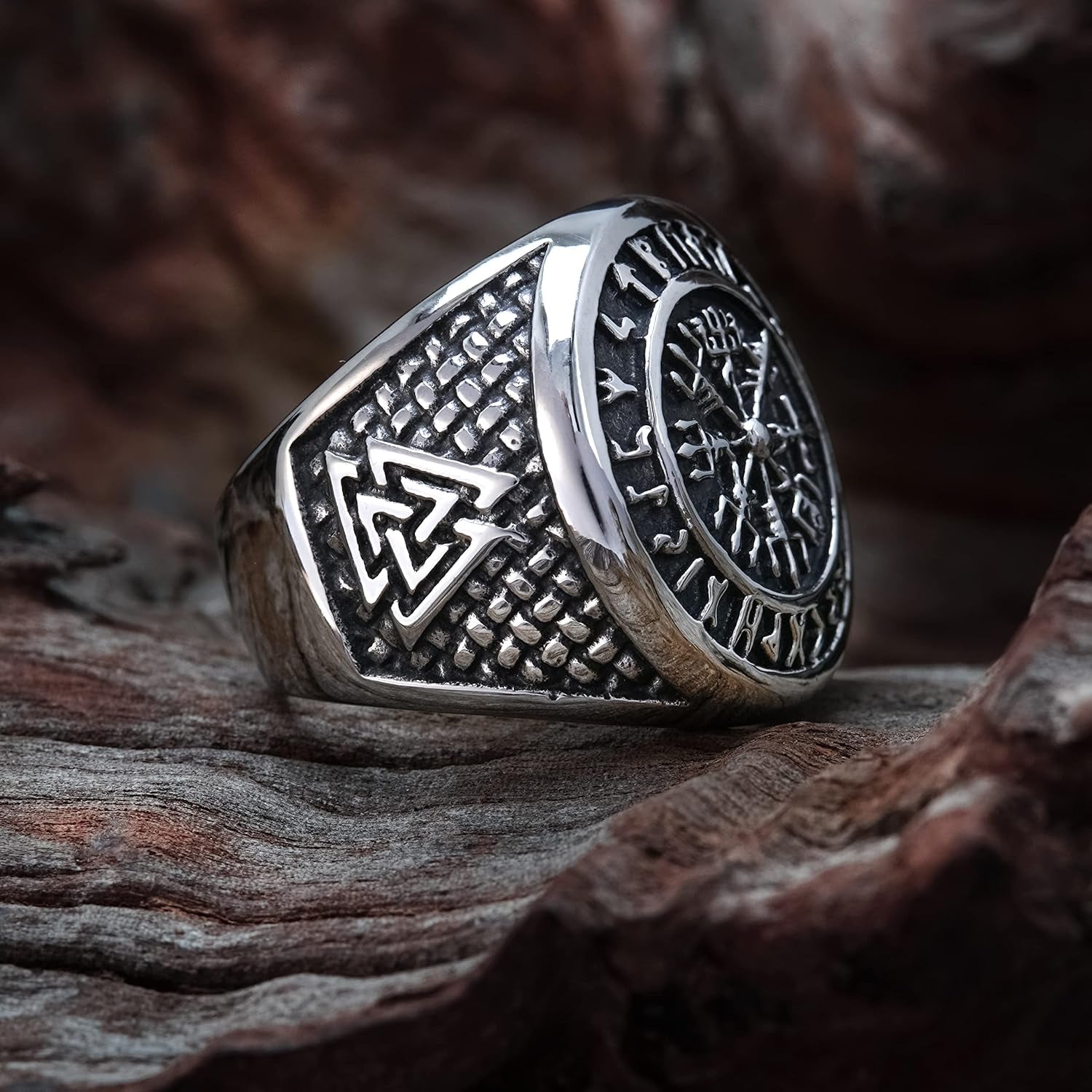 Viking Runic Compass Ring with Rune Circle and Double Valknut Symbol in 316L Stainless Steel - Norse Scandinavian Jewelry