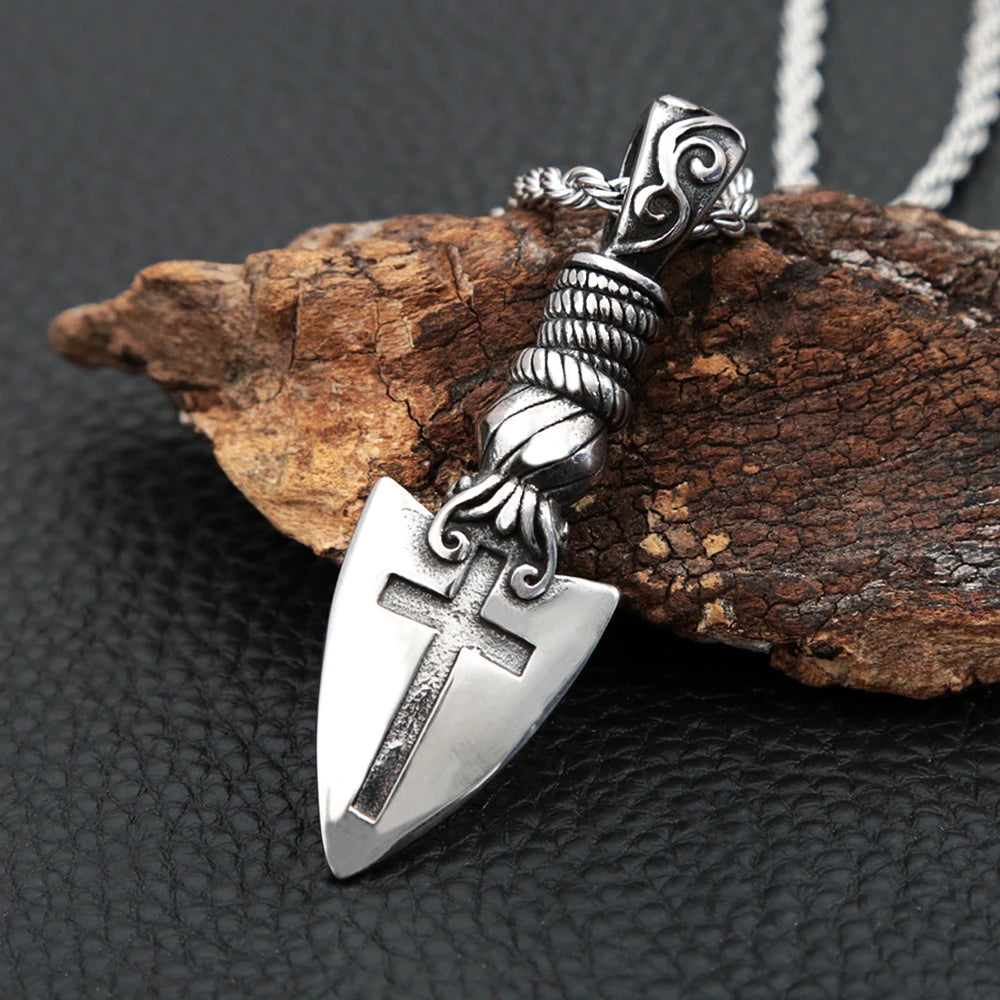 Men's Vintage Punk Viking Spear Pendant Necklace in Stainless Steel with Cross Arrow Design