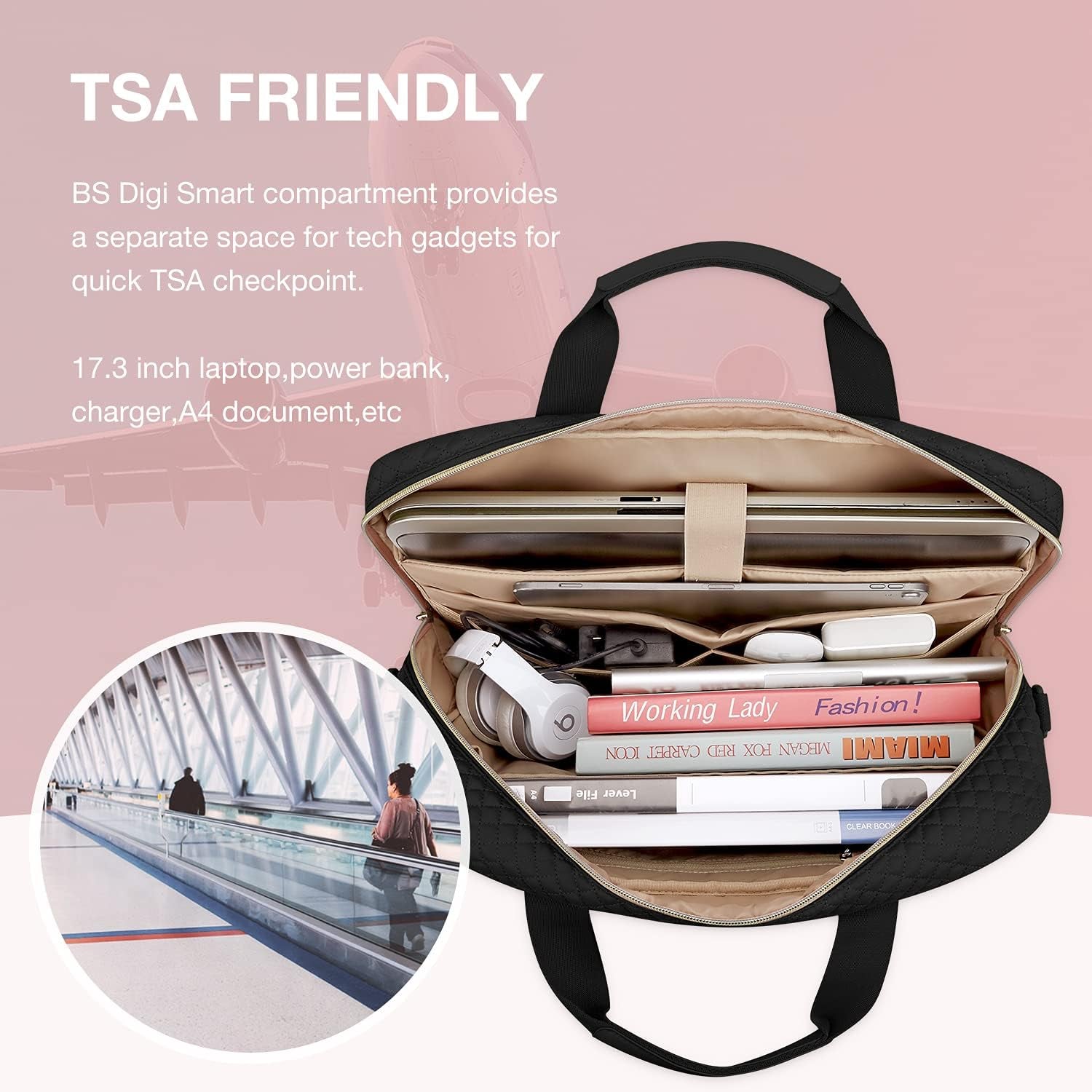 Stylish Black Laptop Bag for Women - 17.3/15.6 Inch Briefcase for Office, Travel & Business