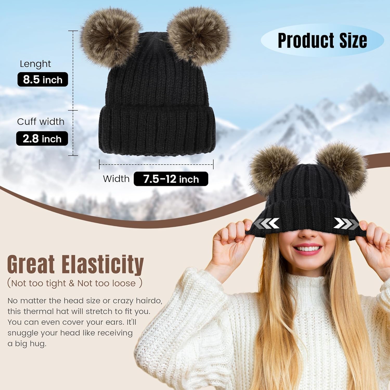 Cozy Women's Cable Knit Winter Beanie with Faux Fur Pompom Ears