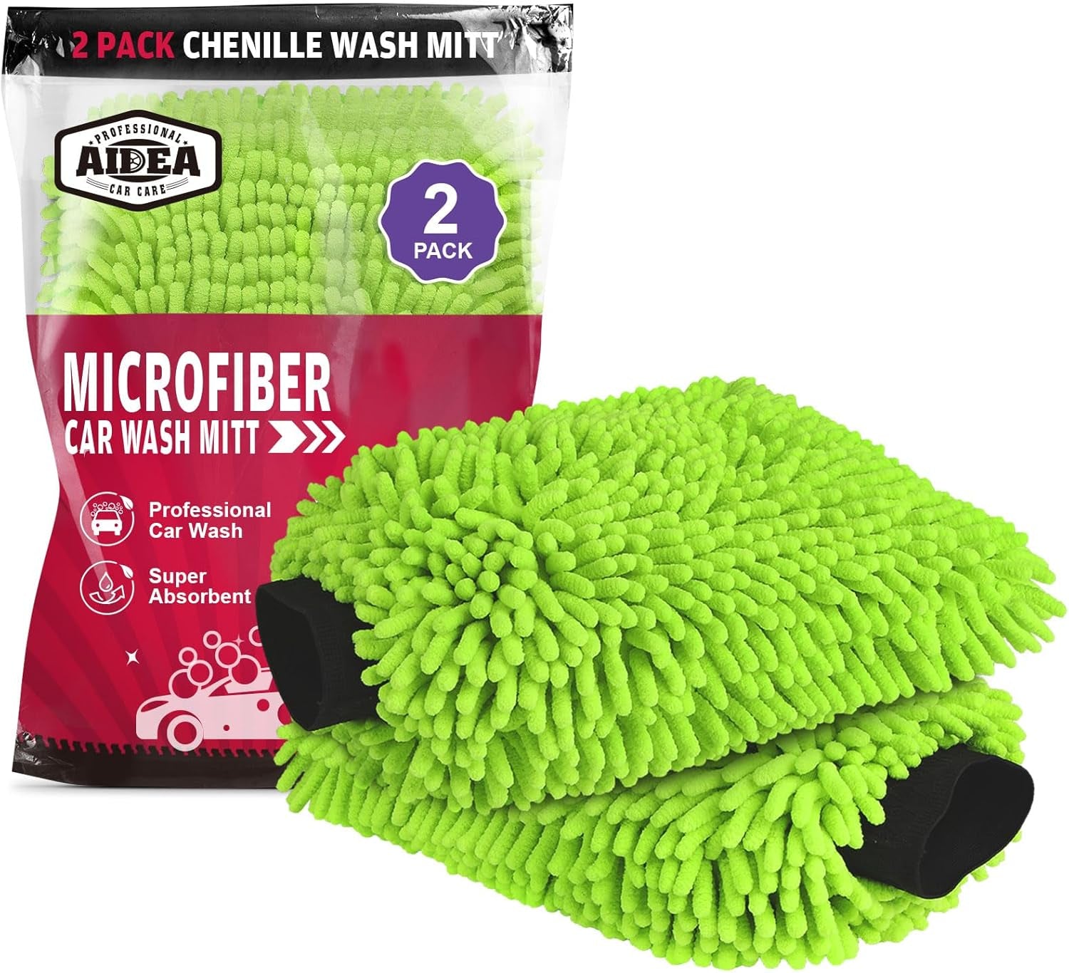 Premium Chenille Microfiber Car Wash Mitts - 2 Pack, Scratch-Free & Lint-Free, Regular Size (7.12'' x 10.14''), Eco-Friendly Green