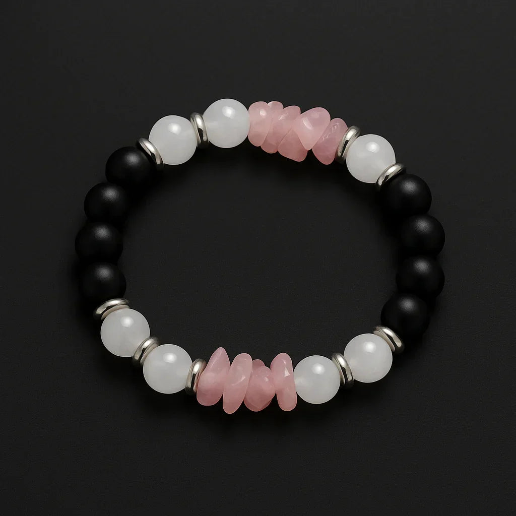 Elegant Handmade Black Onyx & Pink Chip Stone Bead Bracelet