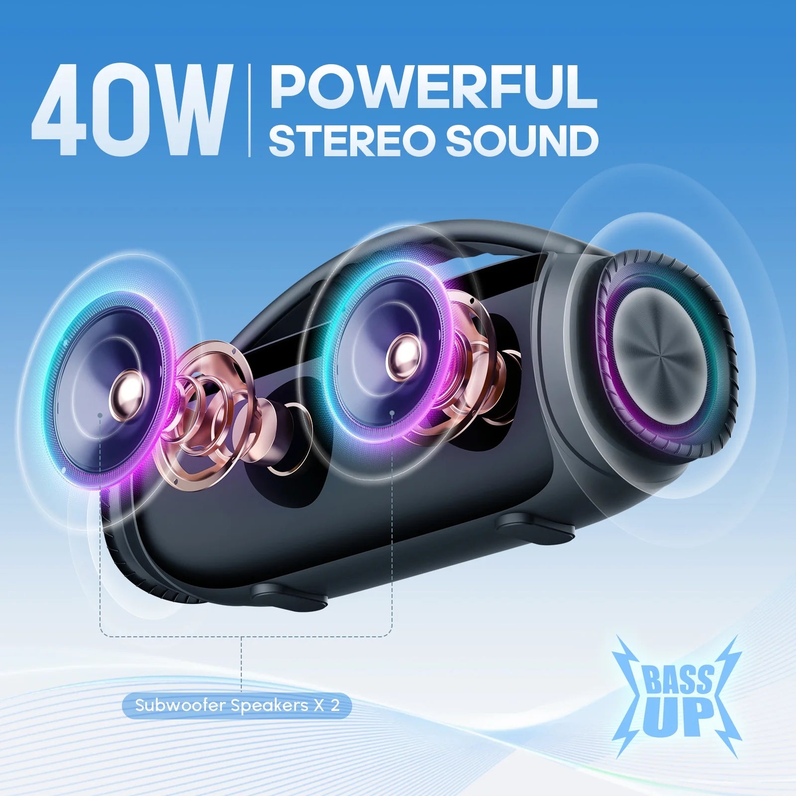 Ultimate Waterproof Bluetooth Speaker - 40W Portable Wireless Sound with DJ Lights for Beach Parties - Sleek Black Design