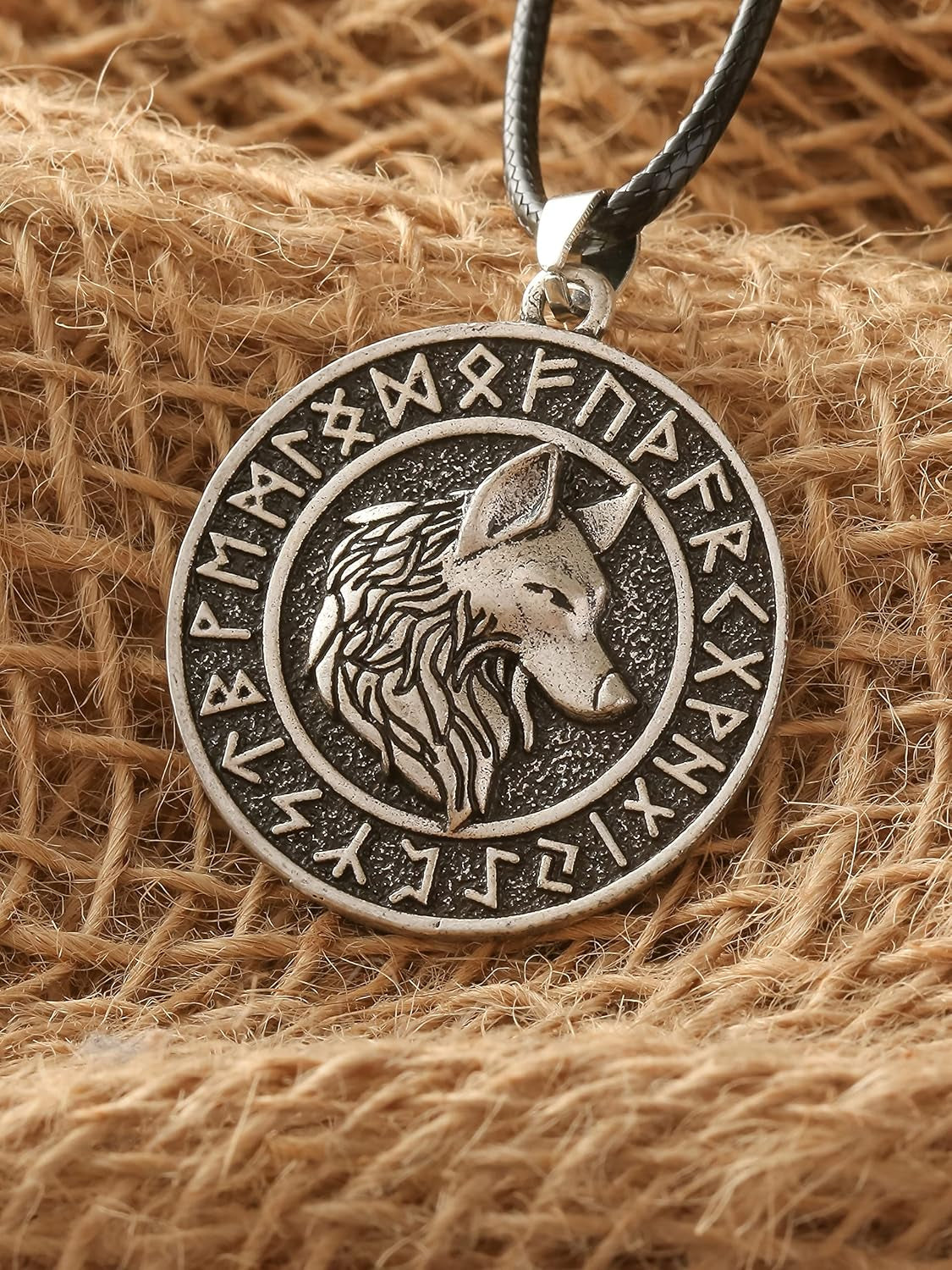Viking Wolf Necklace, Ancient Runes Medallion