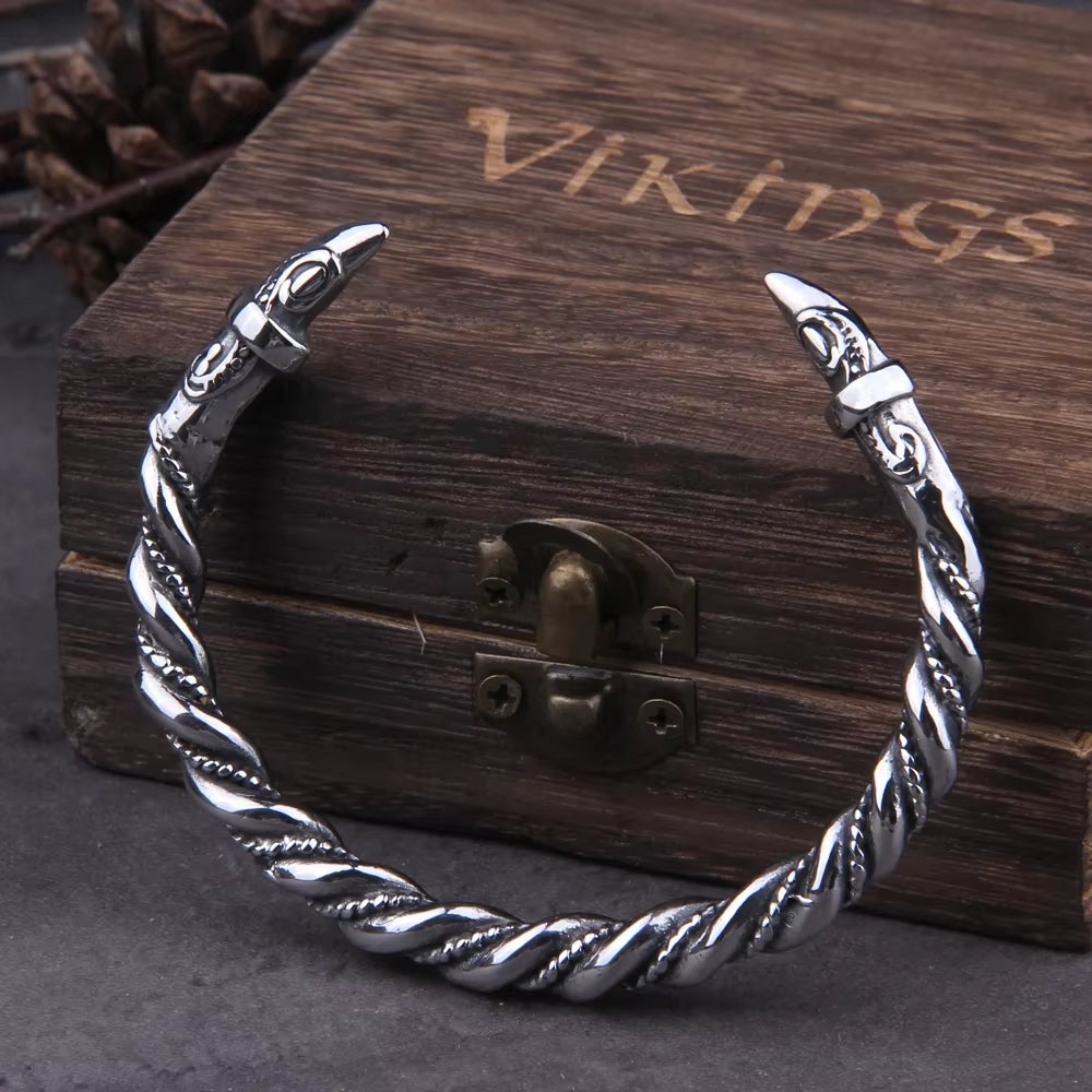 Stainless Steel Norse Raven Bracelet for Men with Viking Wooden Gift Box