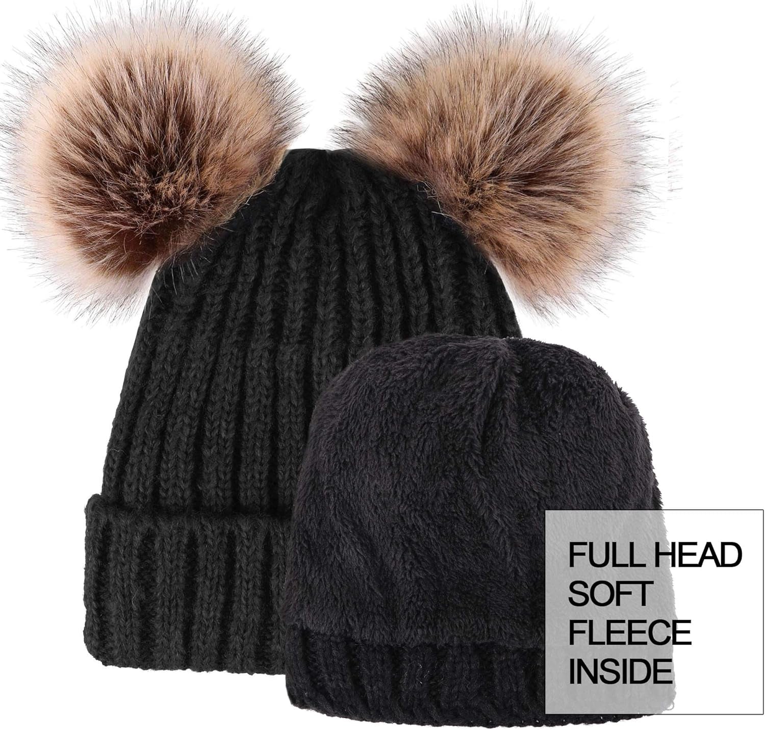 Cozy Women's Cable Knit Winter Beanie with Faux Fur Pompom Ears