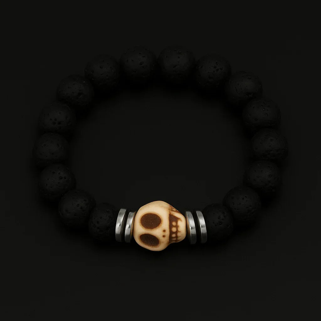 Stunning Natural Black Lava & White Skull Stone Bead Bracelet - Unique Fashion Statement!