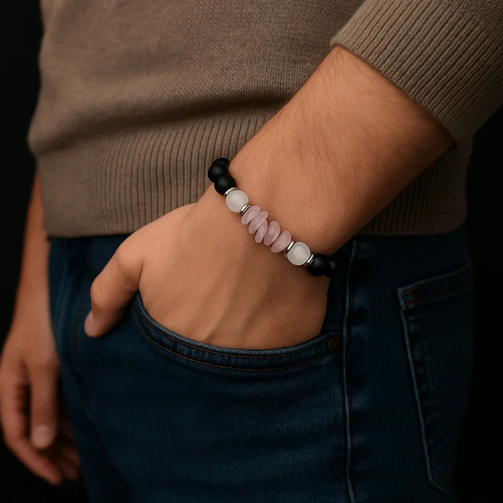 Elegant Handmade Black Onyx & Pink Chip Stone Bead Bracelet