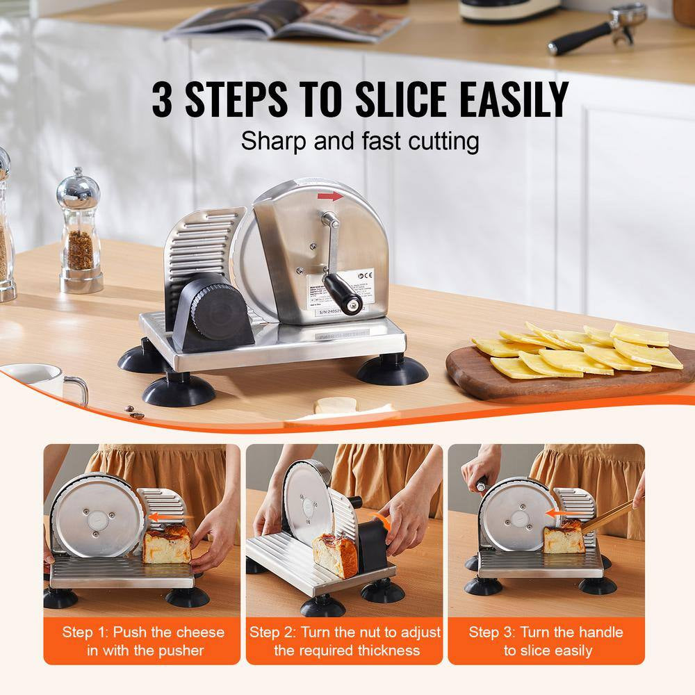 Manual bread and cheese slicer demonstrating three easy steps for sharp and fast cutting.