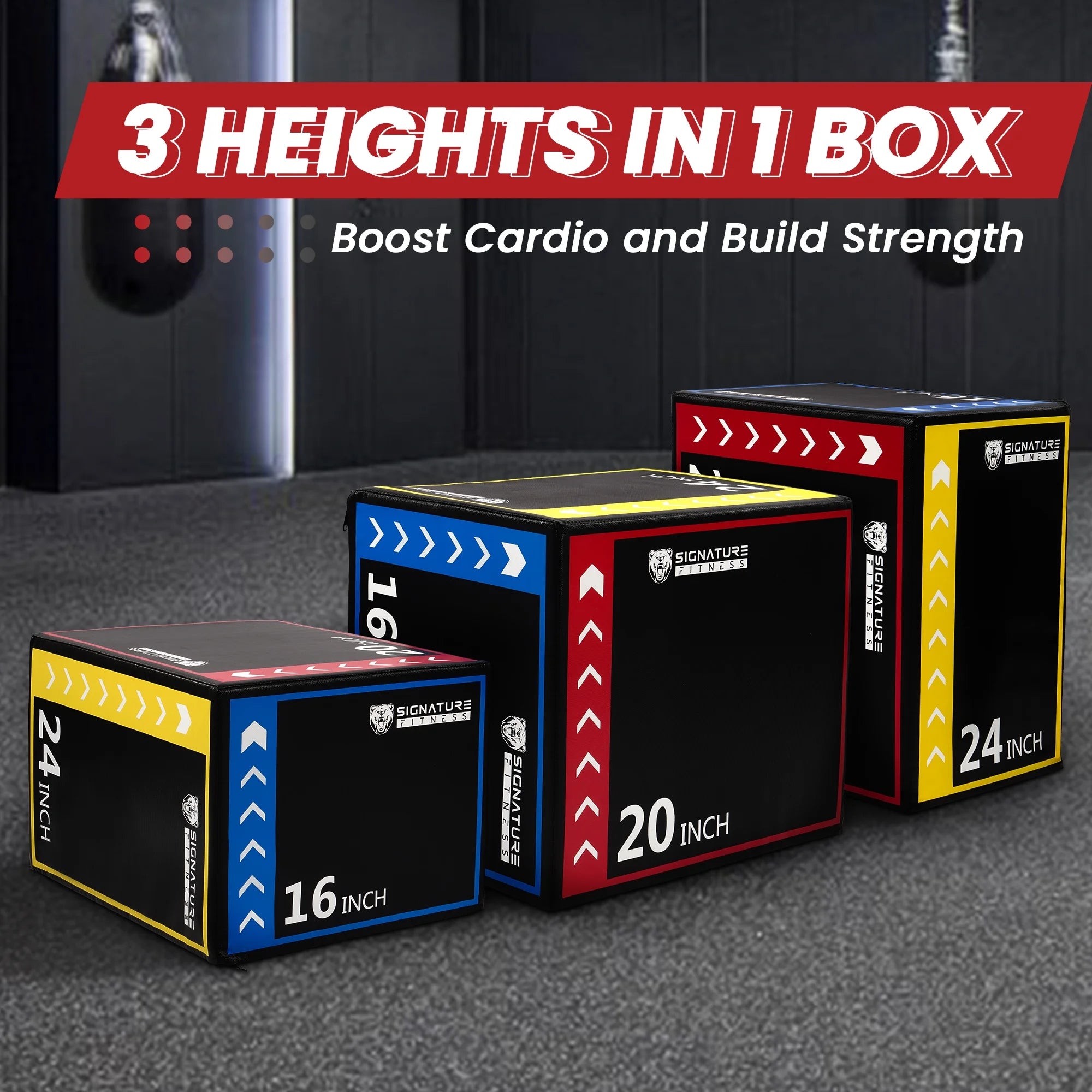 3-In-1 Rotatable Plyometric Jump Box, Jumping Exercise Trainer with anti Slip Surface & High Density Foam, Fitness Training, Easy to Clean, 16’’ × 20’’ × 24’’, Multi-Color