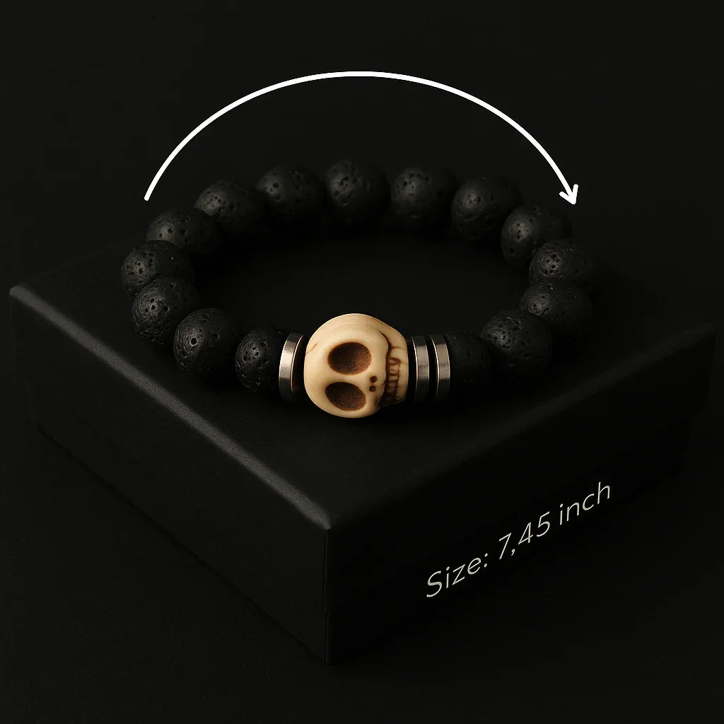 Stunning Natural Black Lava & White Skull Stone Bead Bracelet - Unique Fashion Statement!