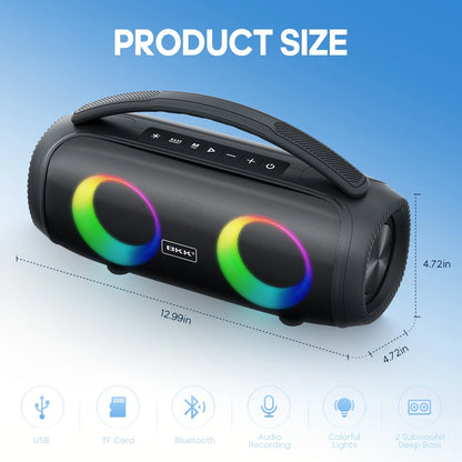 Ultimate Waterproof Bluetooth Speaker - 40W Portable Wireless Sound with DJ Lights for Beach Parties - Sleek Black Design