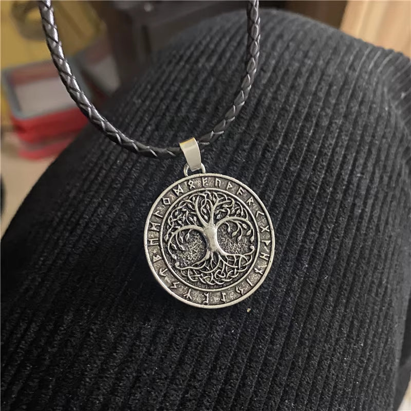 Nordic Vintage Tree of Life Round Pendant Necklace with Viking Runes in Antique Bronze and Silver for Men and Women - Jewelry Gifts for Dropshipping