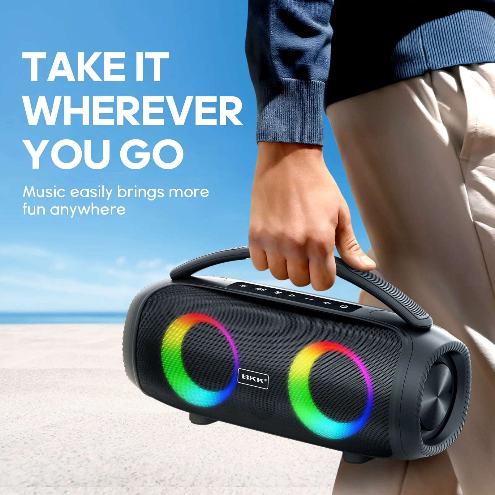 Ultimate Waterproof Bluetooth Speaker - 40W Portable Wireless Sound with DJ Lights for Beach Parties - Sleek Black Design