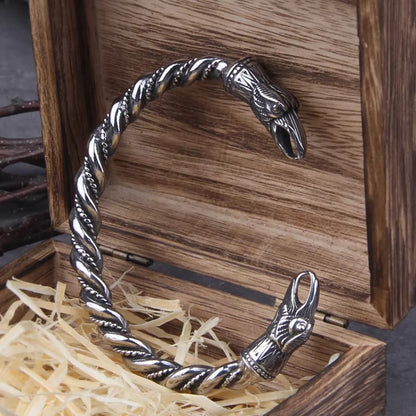 Stainless Steel Norse Raven Bracelet for Men with Viking Wooden Gift Box