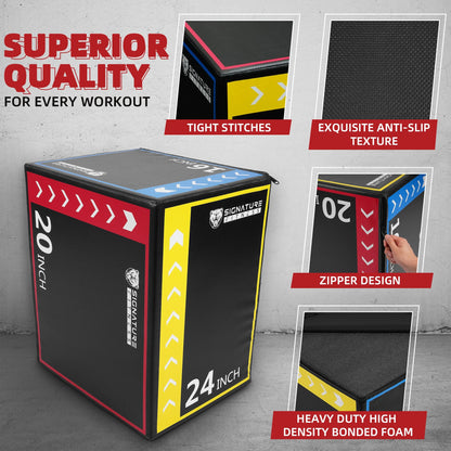 3-In-1 Rotatable Plyometric Jump Box, Jumping Exercise Trainer with anti Slip Surface & High Density Foam, Fitness Training, Easy to Clean, 16’’ × 20’’ × 24’’, Multi-Color