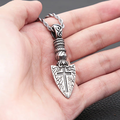 Men's Vintage Punk Viking Spear Pendant Necklace in Stainless Steel with Cross Arrow Design