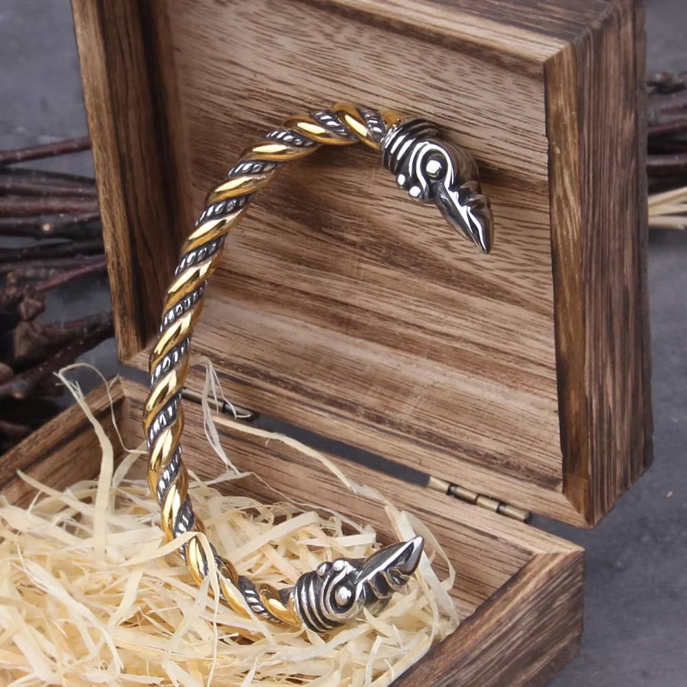 Stainless Steel Norse Raven Bracelet for Men with Viking Wooden Gift Box