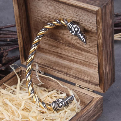 Stainless Steel Norse Raven Bracelet for Men with Viking Wooden Gift Box