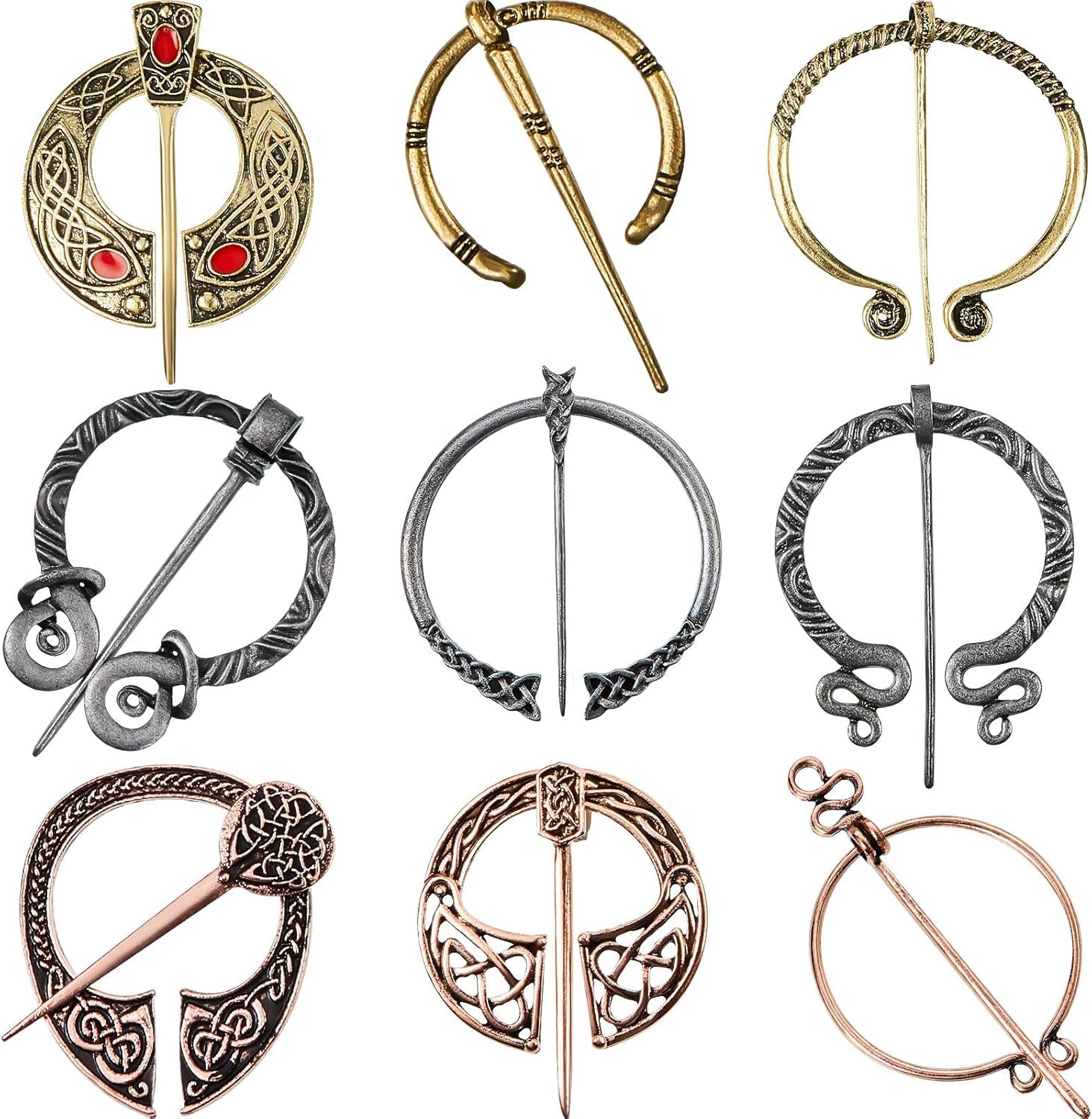 Vintage Viking Cloak Pin - Set of 9 Penannular Brooches for Scarf and Shawl Accessories