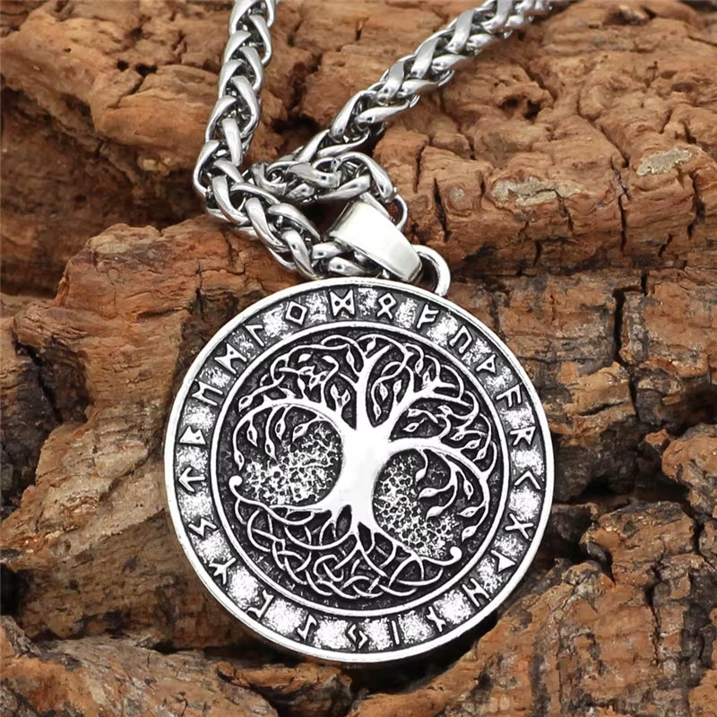 Nordic Vintage Tree of Life Round Pendant Necklace with Viking Runes in Antique Bronze and Silver for Men and Women - Jewelry Gifts for Dropshipping