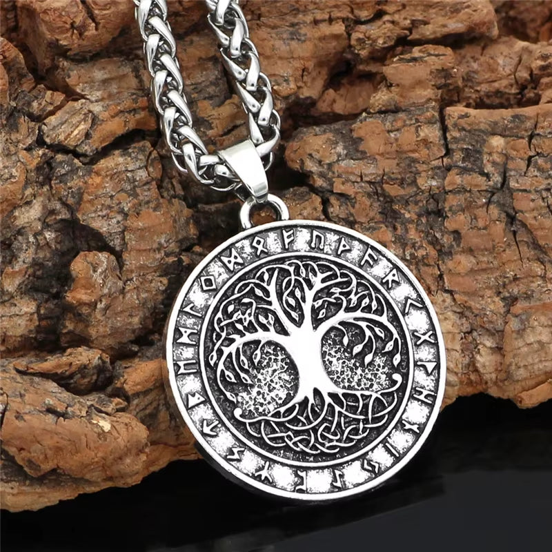 Nordic Vintage Tree of Life Round Pendant Necklace with Viking Runes in Antique Bronze and Silver for Men and Women - Jewelry Gifts for Dropshipping