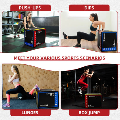 3-In-1 Rotatable Plyometric Jump Box, Jumping Exercise Trainer with anti Slip Surface & High Density Foam, Fitness Training, Easy to Clean, 16’’ × 20’’ × 24’’, Multi-Color