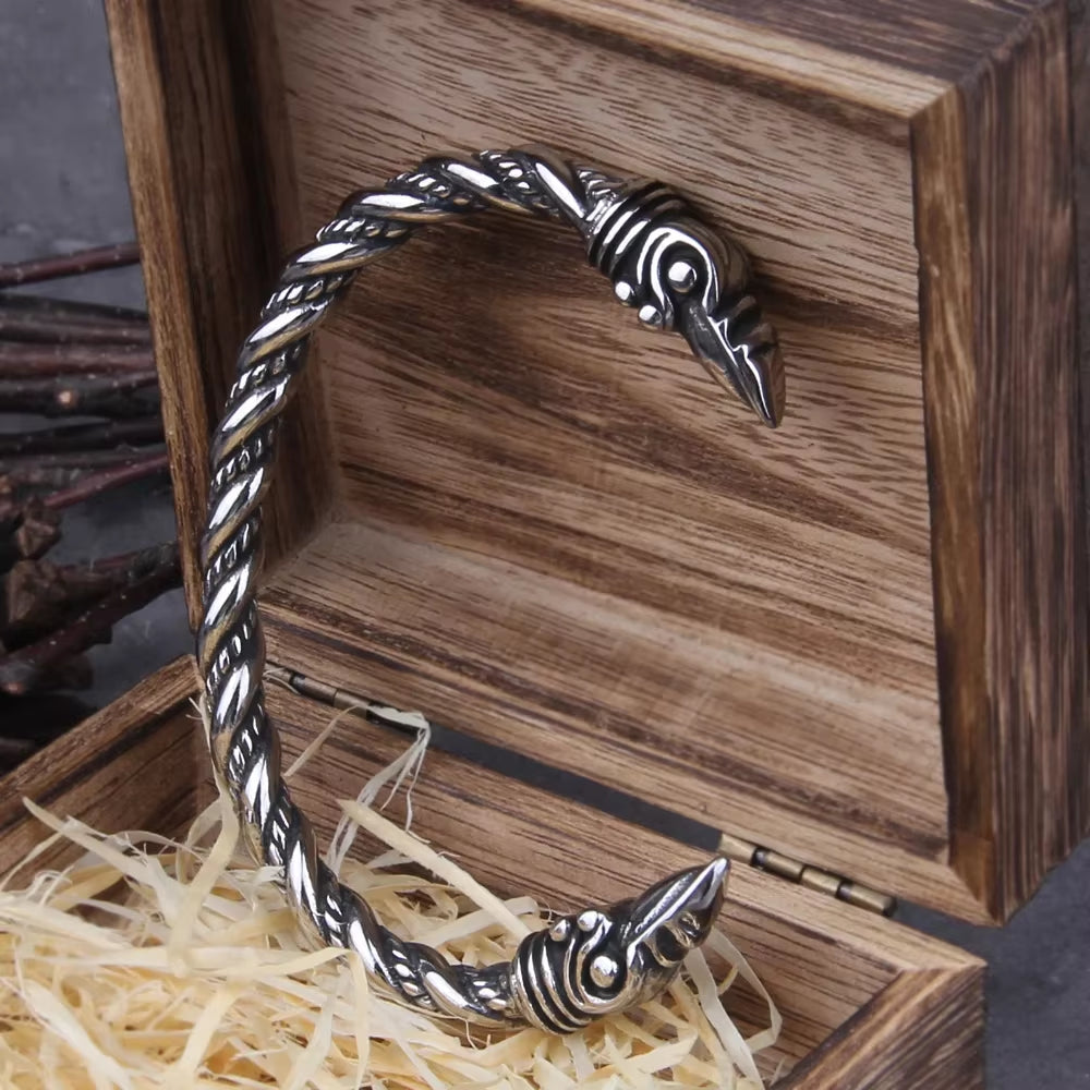 Stainless Steel Norse Raven Bracelet for Men with Viking Wooden Gift Box