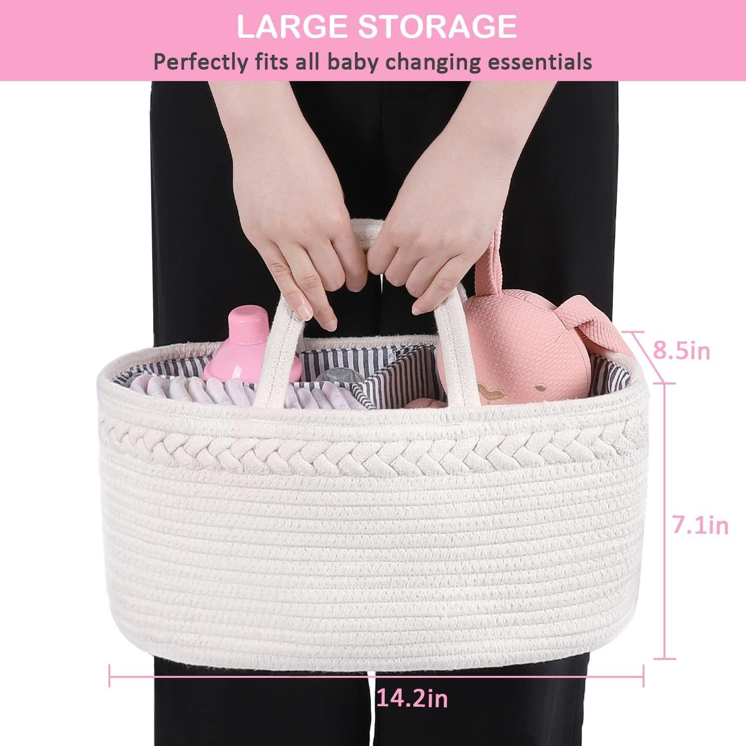 Stylish Baby Diaper Caddy - Versatile Nursery Storage Bin & Car Organizer for Diapers and Wipes, Soft Cotton Rope Design for Changing Table Essentials