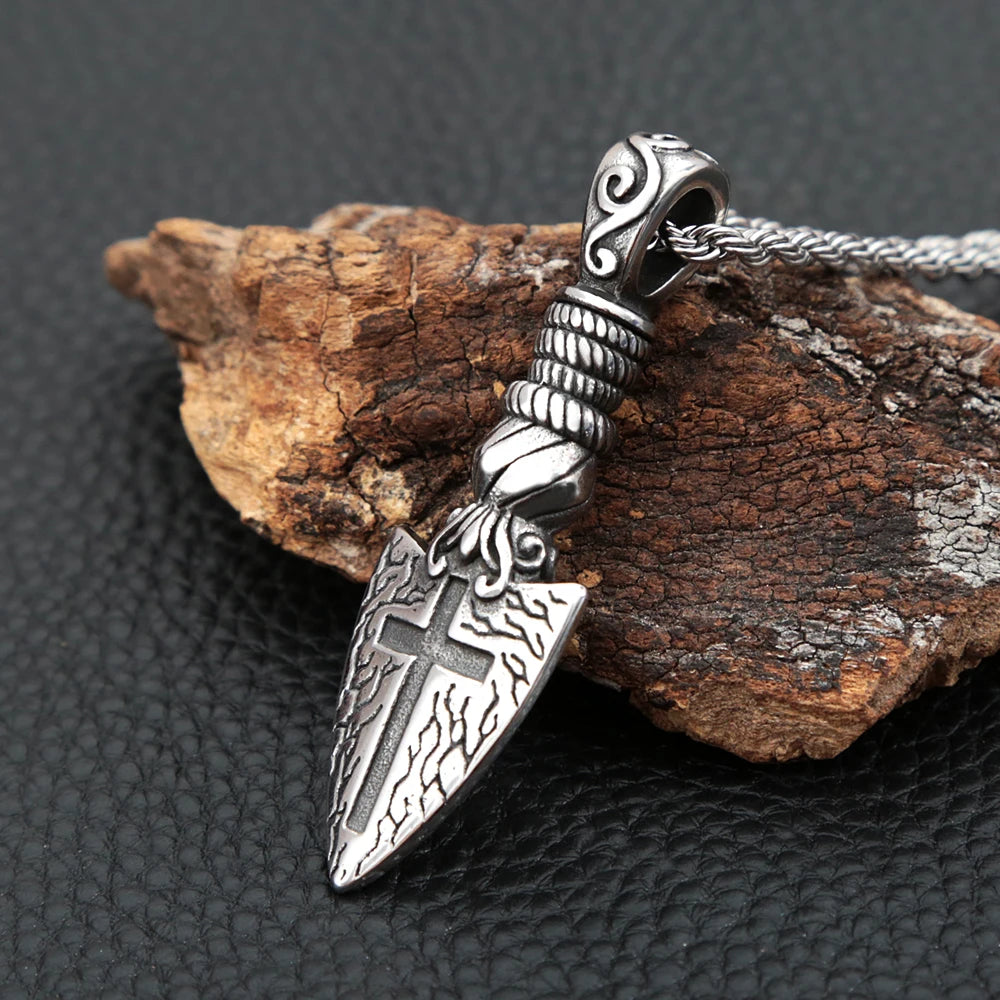Men's Vintage Punk Viking Spear Pendant Necklace in Stainless Steel with Cross Arrow Design