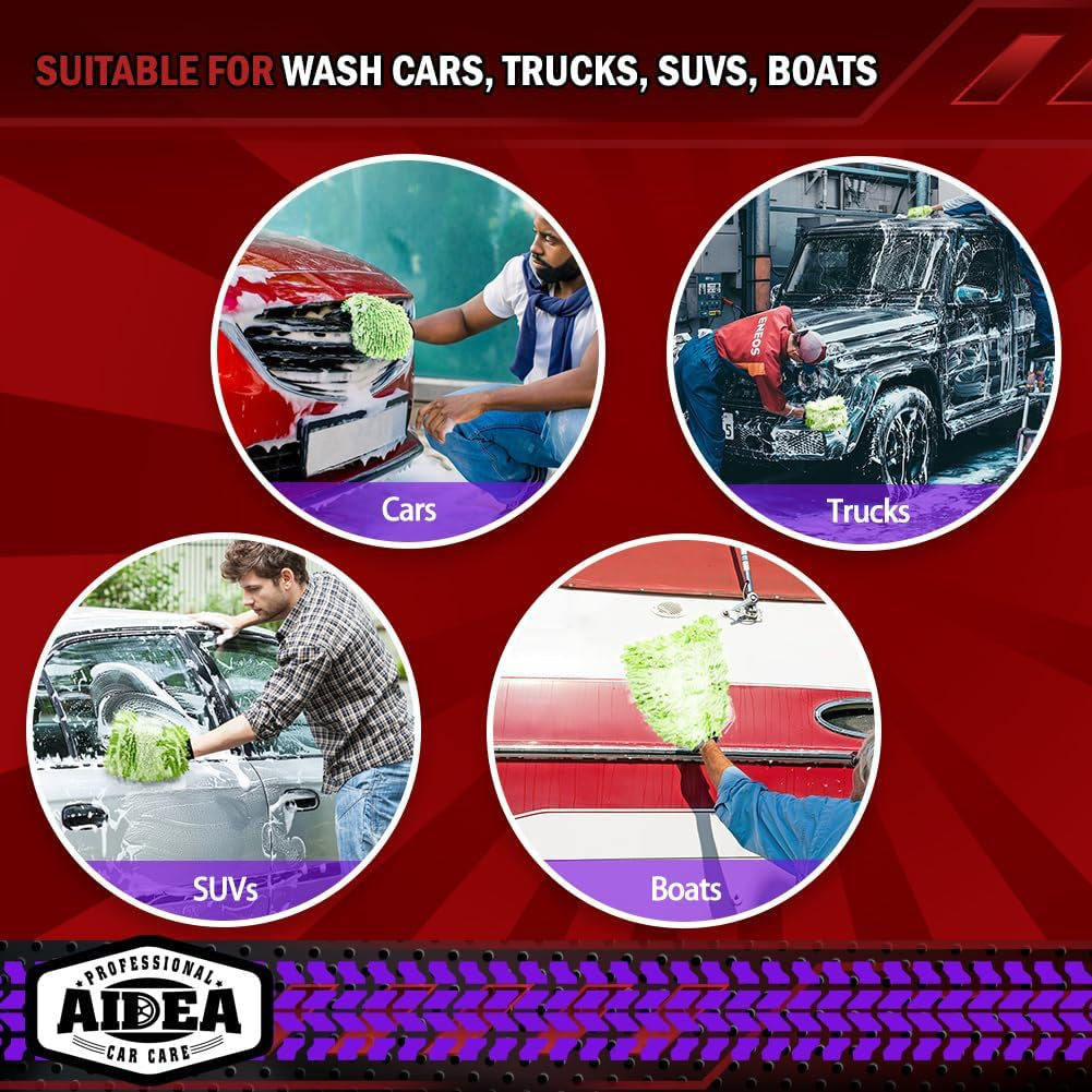 Premium Chenille Microfiber Car Wash Mitts - 2 Pack, Scratch-Free & Lint-Free, Regular Size (7.12'' x 10.14''), Eco-Friendly Green