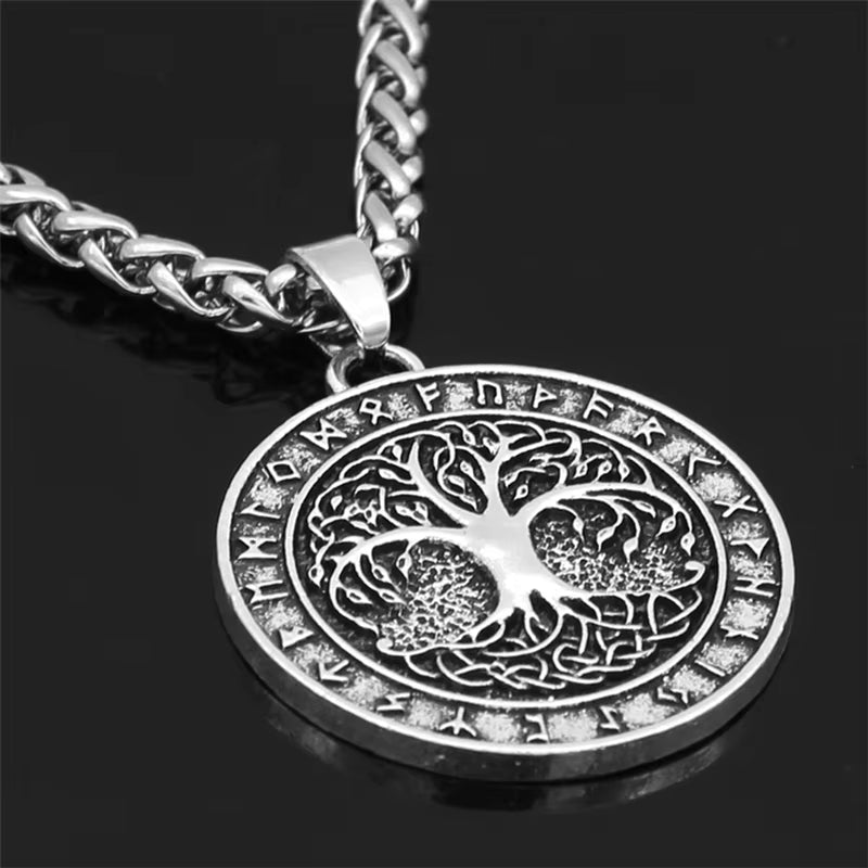 Nordic Vintage Tree of Life Round Pendant Necklace with Viking Runes in Antique Bronze and Silver for Men and Women - Jewelry Gifts for Dropshipping