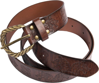 Viking Fenrir Embossed Faux Leather Buckle Belt - Medieval Knight Accessory