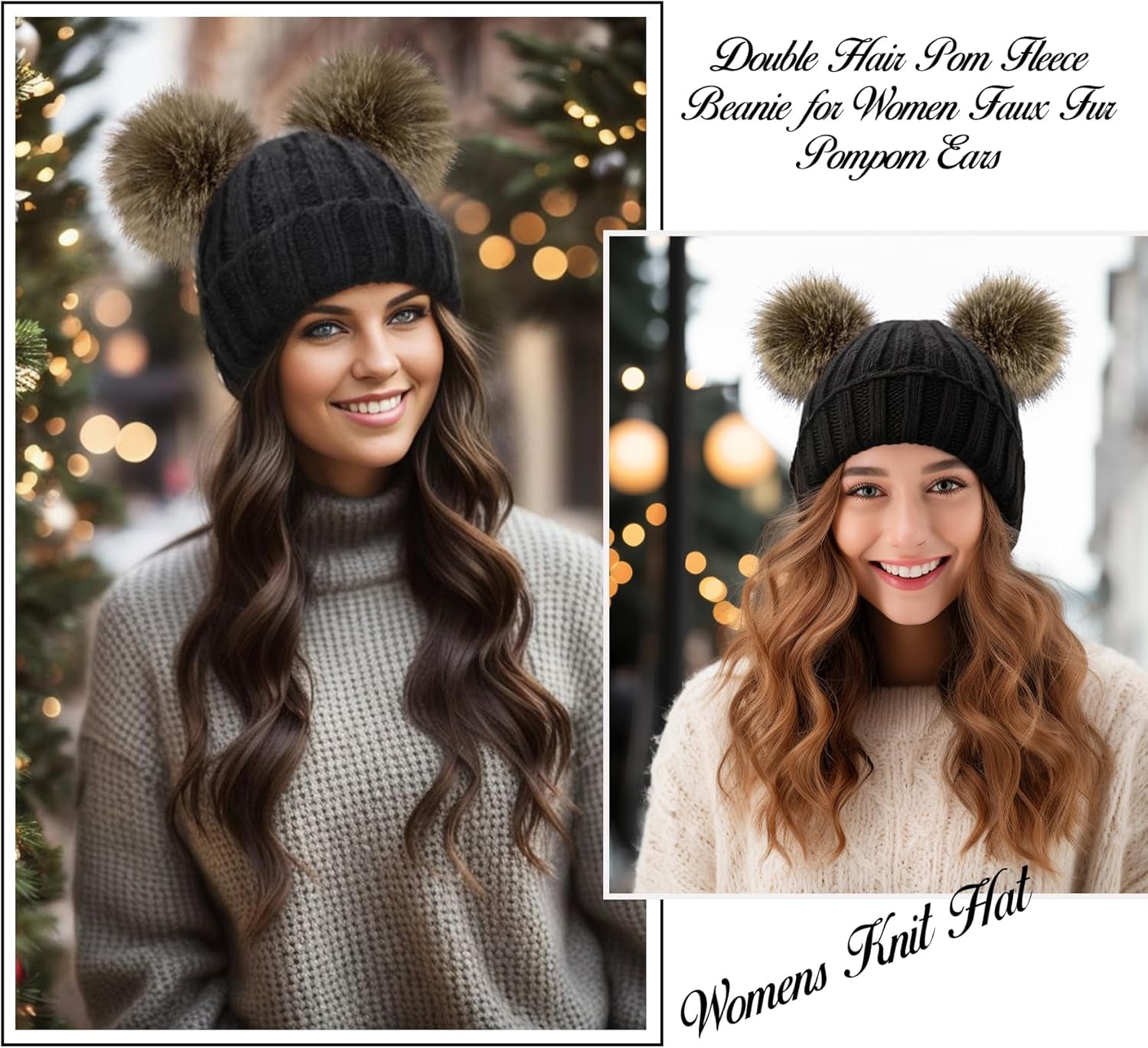 Cozy Women's Cable Knit Winter Beanie with Faux Fur Pompom Ears