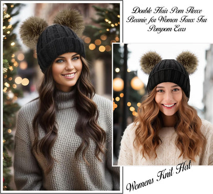 Cozy Women's Cable Knit Winter Beanie with Faux Fur Pompom Ears