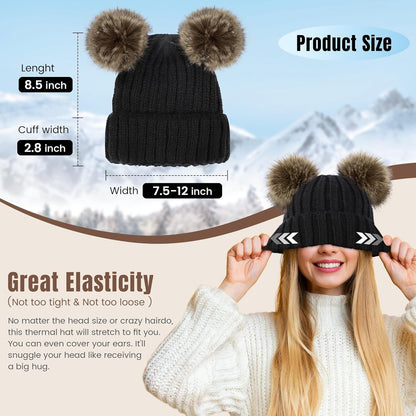 Cozy Women's Cable Knit Winter Beanie with Faux Fur Pompom Ears