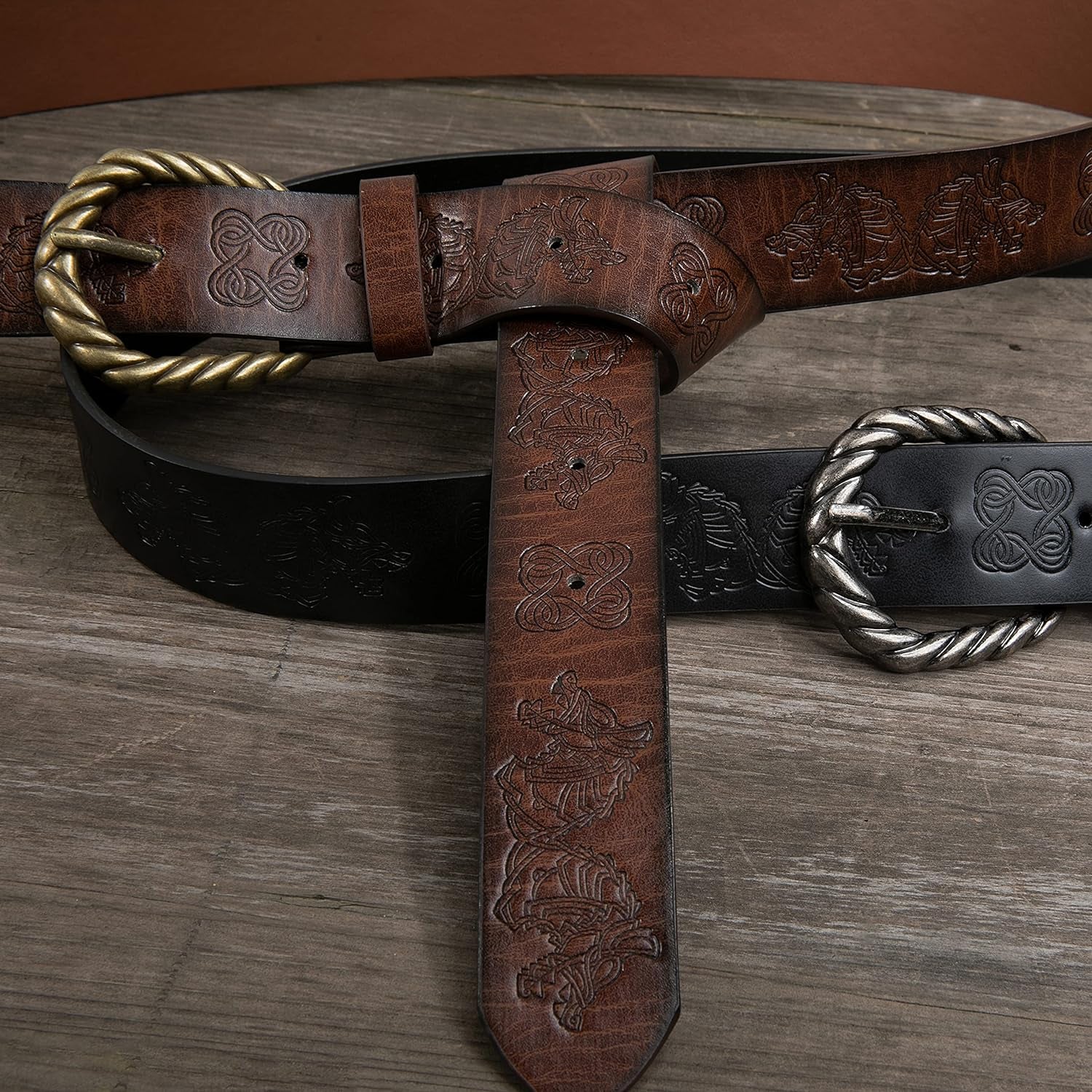 Viking Fenrir Embossed Faux Leather Buckle Belt - Medieval Knight Accessory