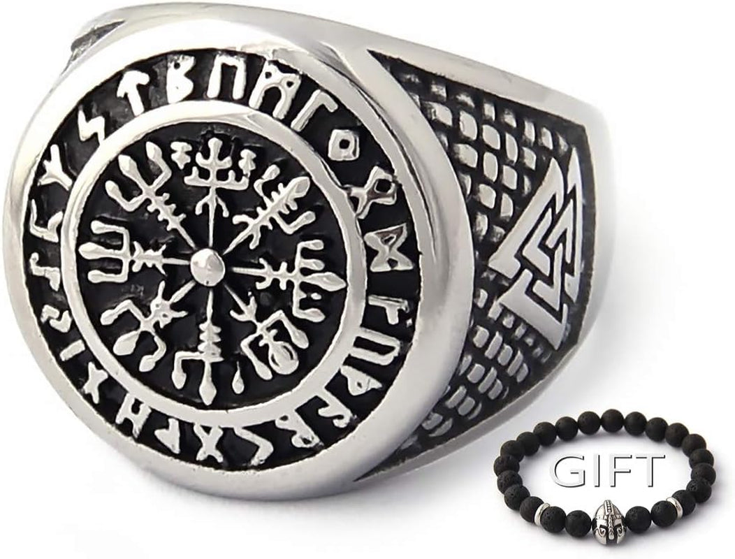 Viking Runic Compass Ring with Rune Circle and Double Valknut Symbol in 316L Stainless Steel - Norse Scandinavian Jewelry