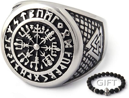 Viking Runic Compass Ring with Rune Circle and Double Valknut Symbol in 316L Stainless Steel - Norse Scandinavian Jewelry