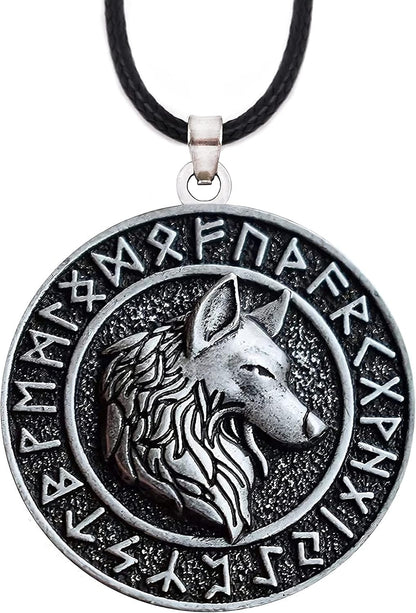 Viking Wolf Necklace, Ancient Runes Medallion
