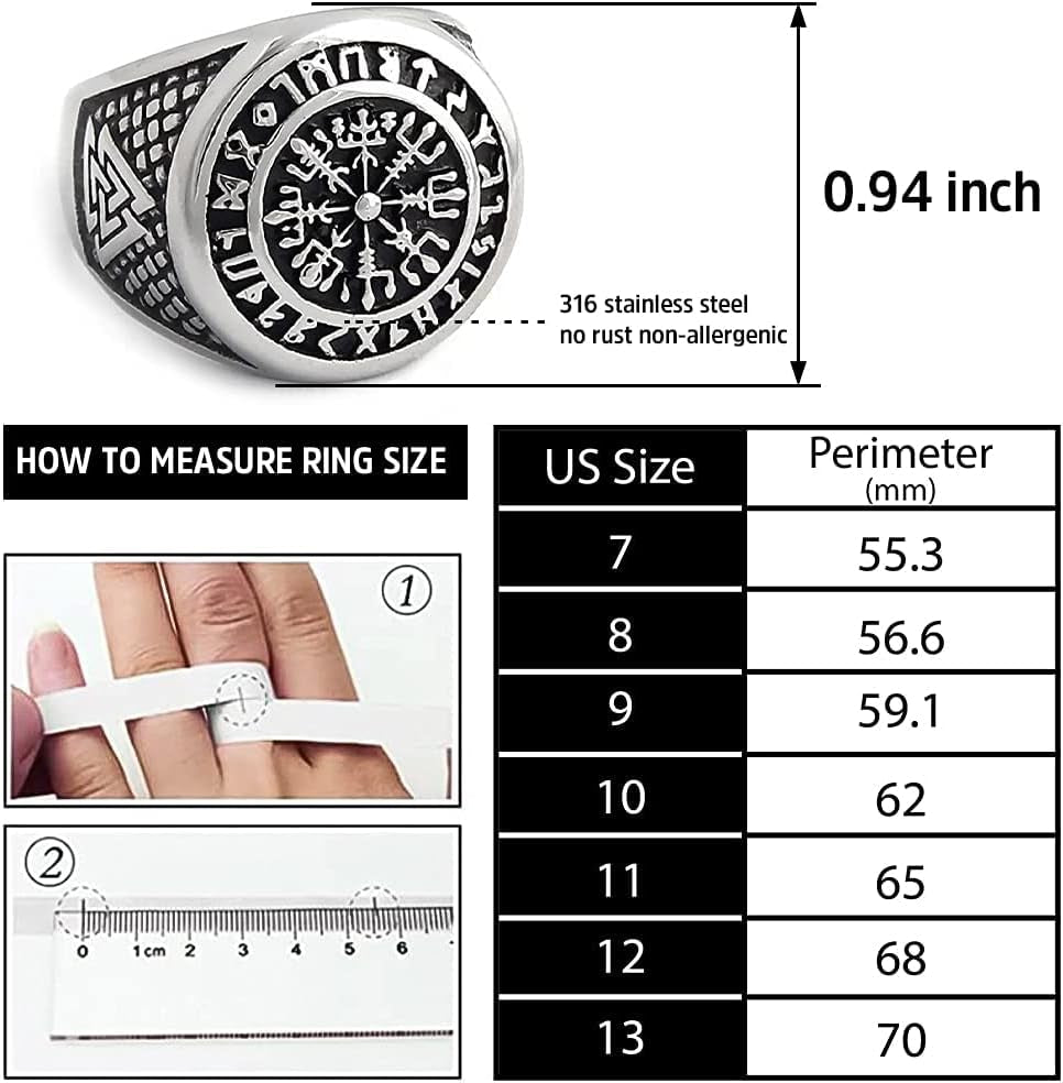 Viking Runic Compass Ring with Rune Circle and Double Valknut Symbol in 316L Stainless Steel - Norse Scandinavian Jewelry