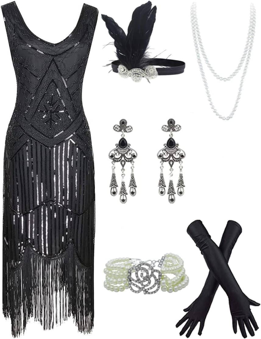 Stunning 20S Flapper Gatsby Sequin Beaded Evening Cocktail Dress with Accessory Set - Perfect for Any Occasion!