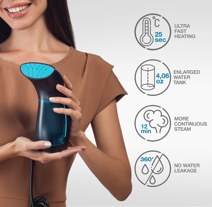 Portable Handheld Travel Steamer for Clothes - Mini Fabric Iron with Fast Heat-Up, 120ml Water Tank, Anti-Leak System, 950W Power, 360° Versatility