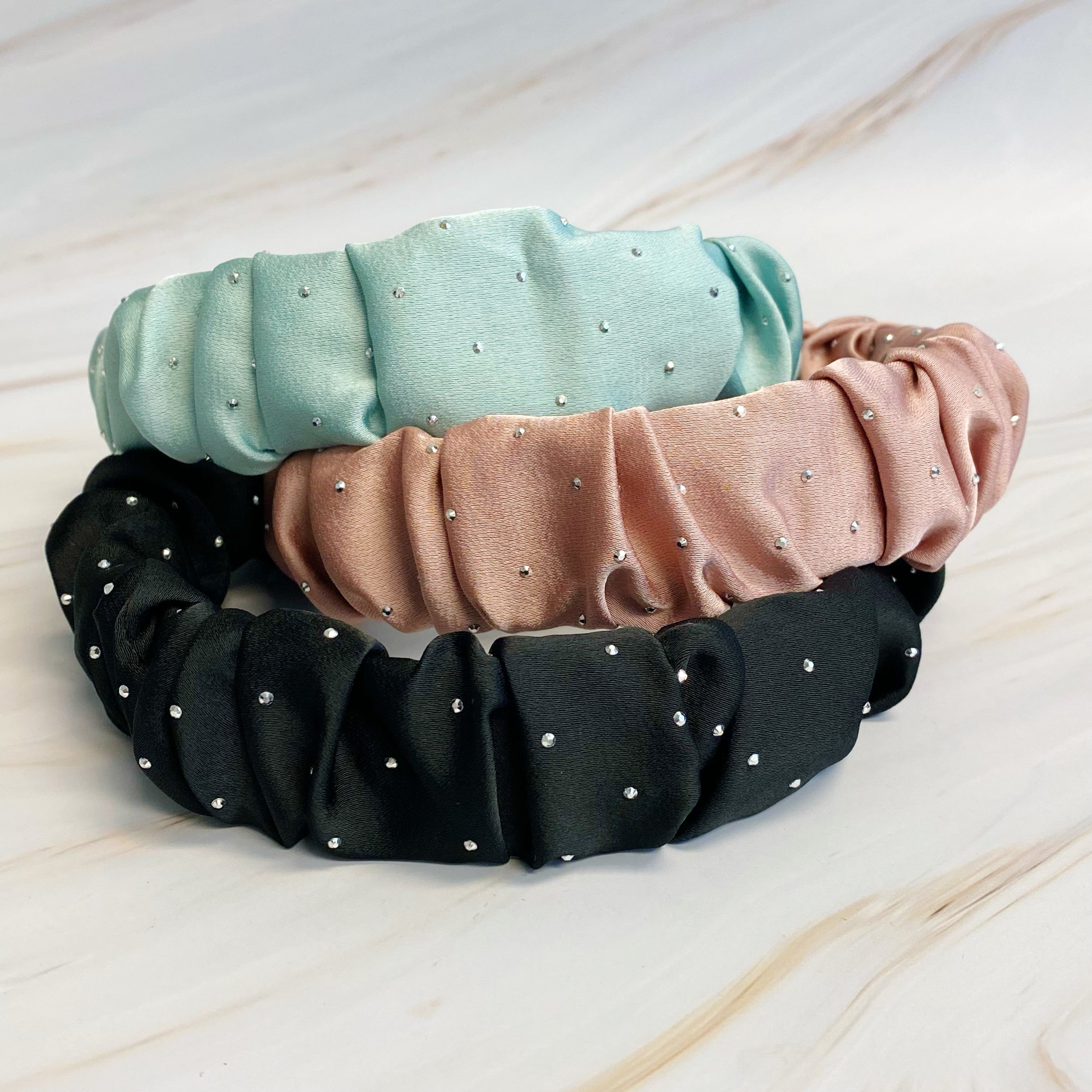 Chic Scrunched Satin Jewel Dotted Headband for Effortless Style